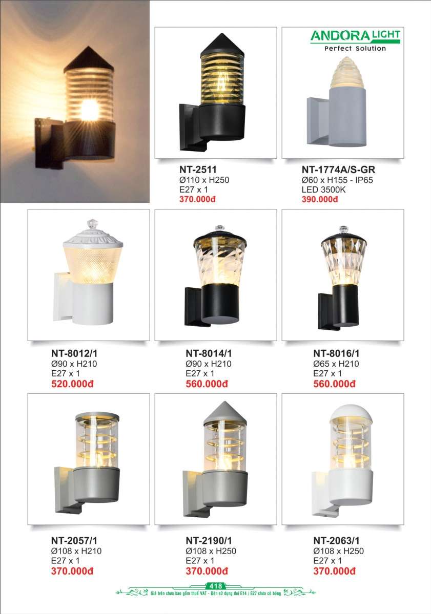 Đèn vách Andora Light NT-2511, NT-1774A/S-GR, NT-8012/1, NT-8014/1, NT-8016/1, NT-2057/1, NT-2190/1, NT-2063/1