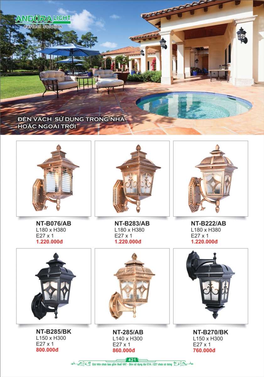 Đèn vách Andora Light NT-B076/AB, NT-B283/AB, NT-B222/AB, NT-B285/BK, NT-285/AB, NT-B270/BK