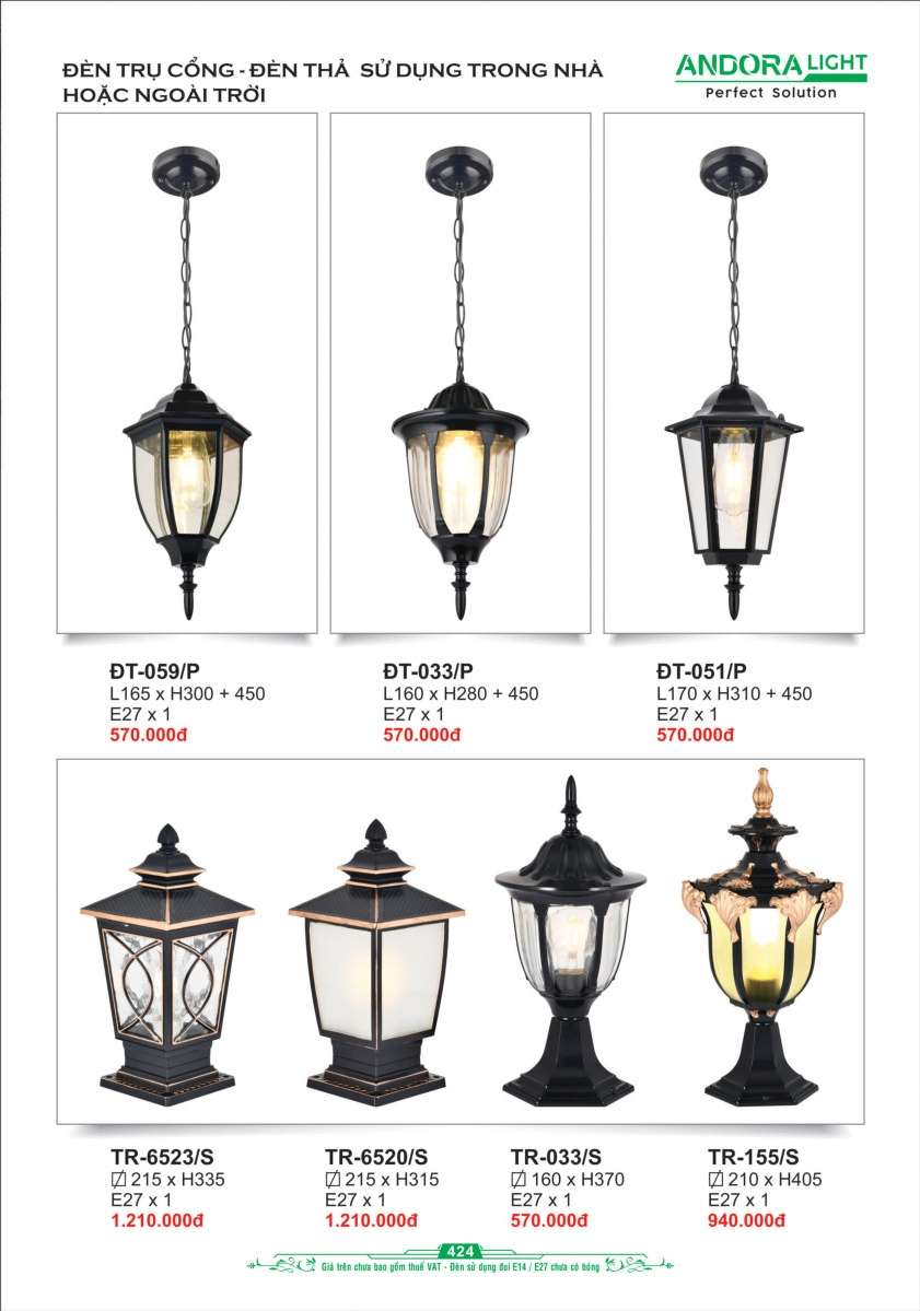 Đèn trụ cổng, đèn thả Andora Light ĐT-059/P, ĐT-033/P, ĐT-051/P, TR-6523/S, TR-6520/S, TR-033/S, TR-155/S