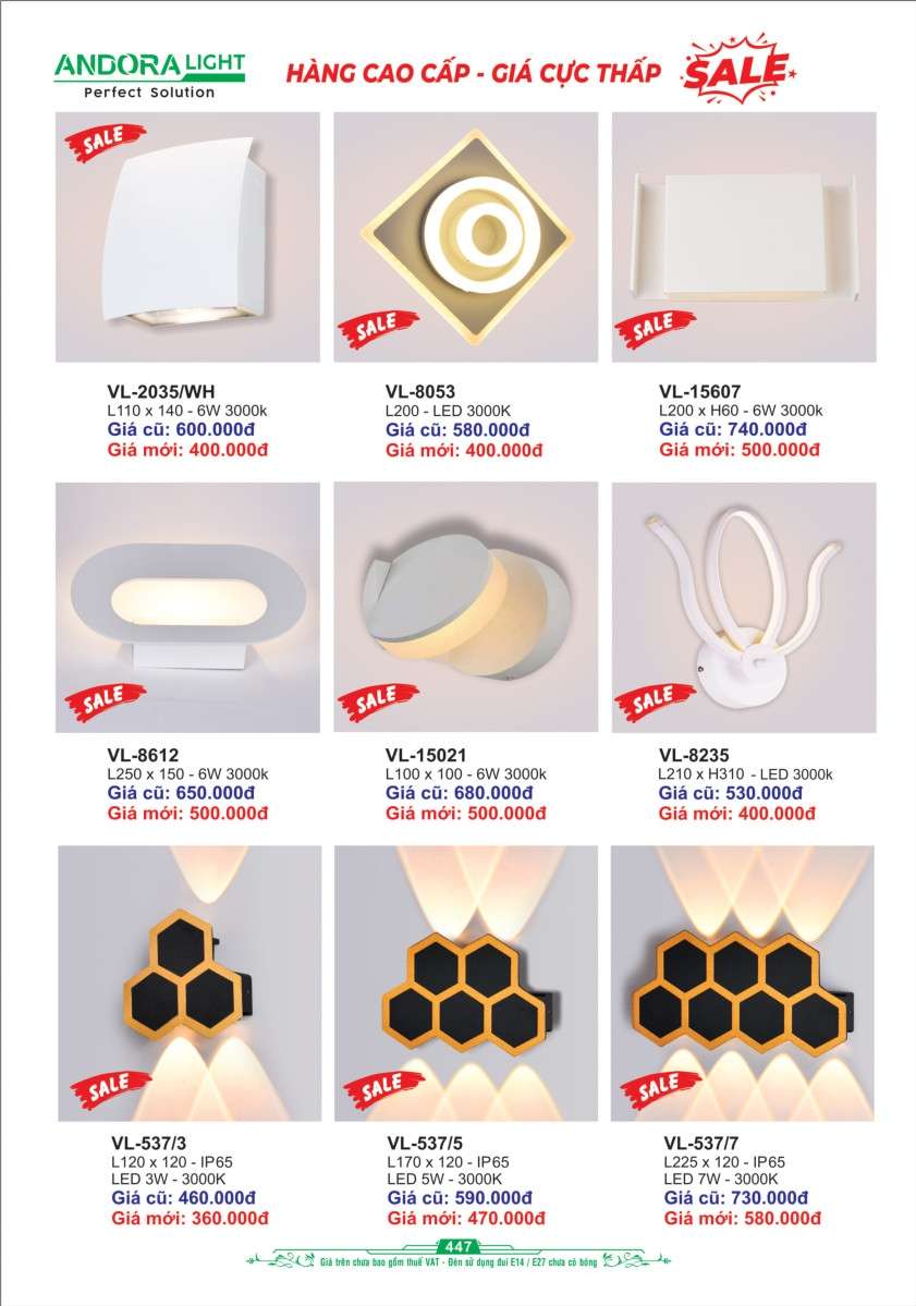 Đèn vách Andora Light VL-2035, VL-8053, VL-15607, VL-8612, VL-15021, VL-8235, VL-537