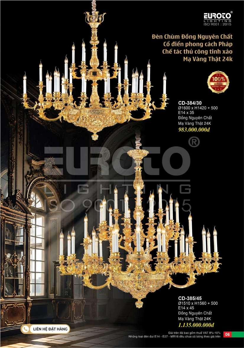 Đèn chùm đồng nguyên chất, chế tác thủ công tinh xảo, mạ vàng 24K Euroto CD-384/30, CD-385/45