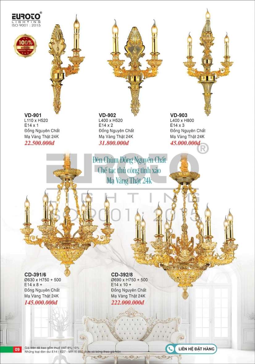 Đèn chùm đồng nguyên chất, chế tác thủ công tinh xảo, mạ vàng 24K Euroto CD-391/6, CD-392/8, VD-901, VD-902, VD-903