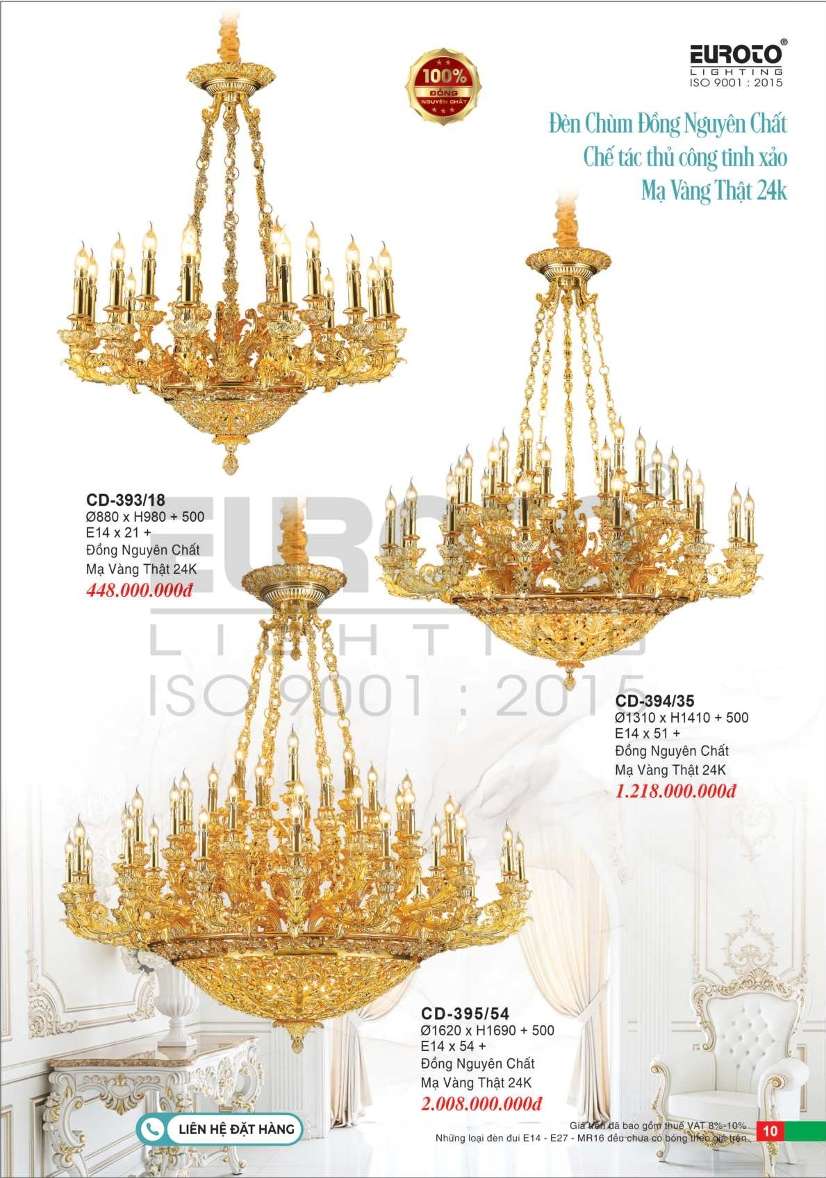 Đèn chùm đồng nguyên chất, chế tác thủ công tinh xảo, mạ vàng 24K Euroto CD-393/18, CD-394/35, CD-395/54