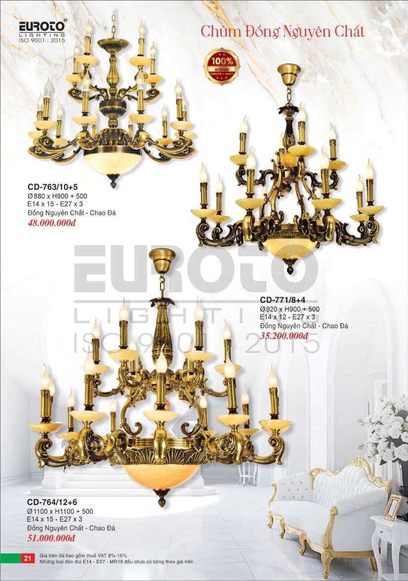 Đèn chùm đồng Euroto CD-763/10+5, CD-771/8+4, CD-764/12+6