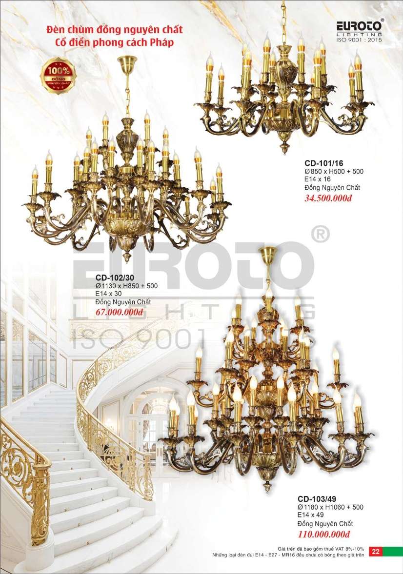 Đèn chùm đồng Euroto CD-101/16, CD-102/30, CD-103/49