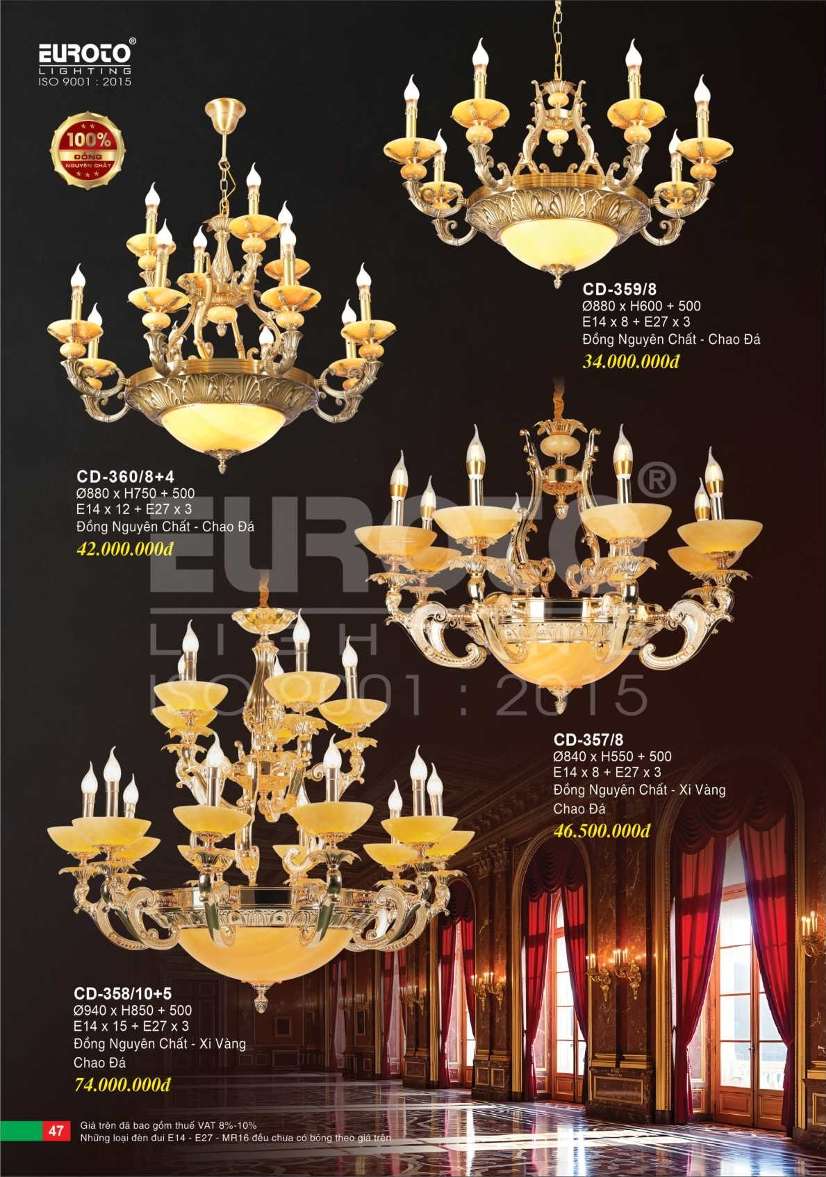 Đèn chùm đồng Euroto CD-357/8, CD-359/8, CD-358/10+5, CD-360/8+4