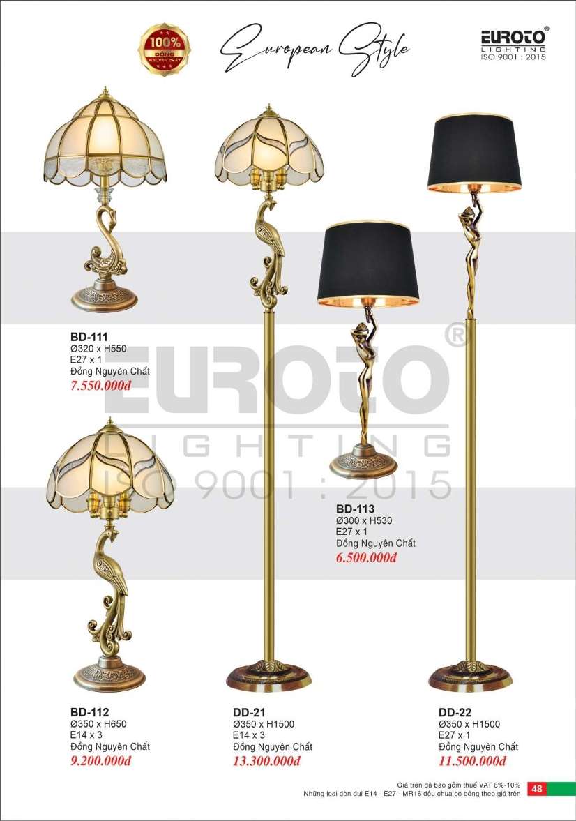 Đèn bàn đồng, đèn đứng đồng Euroto BD-111, BD-112, BD-113, DD-21, DD-22