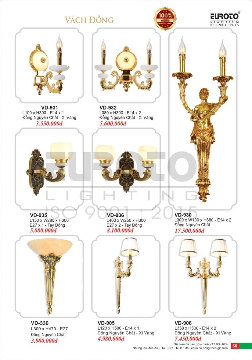 Đèn vách đồng Euroto VD-930, VD-931, VD-932, VD-935, VD-936, VD-330, VD-905, VD-906