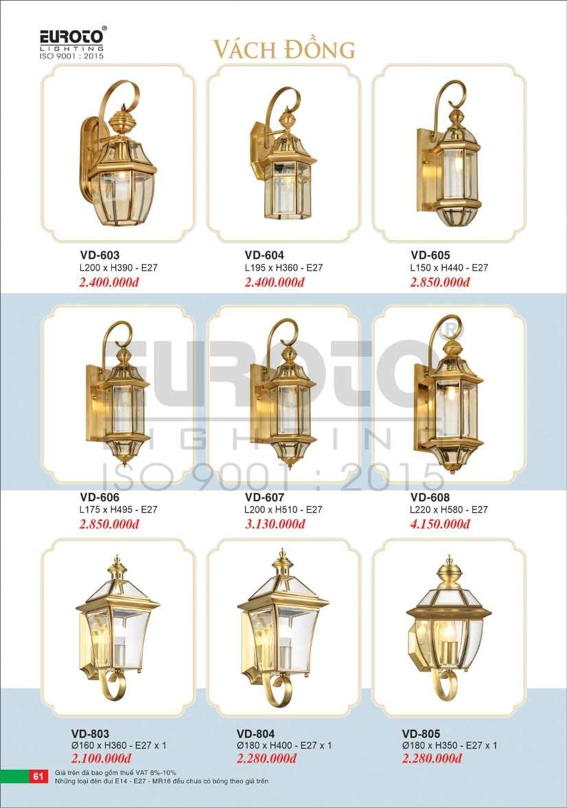 Đèn vách đồng Euroto VD-603, VD-604, VD-605, VD-606, VD-607, VD-608, VD-803, VD-804, VD-805