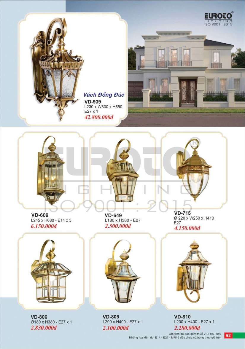Đèn vách đồng Euroto VD-939, VD-609, VD-649, VD-715, VD-806, VD-809, VD-810