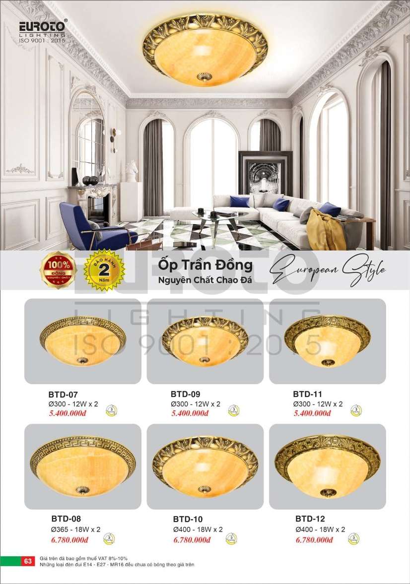 Đèn ốp trần đồng Euroto BTD-07, BTD-08, BTD-09, BTD-10, BTD-11, BTD-12