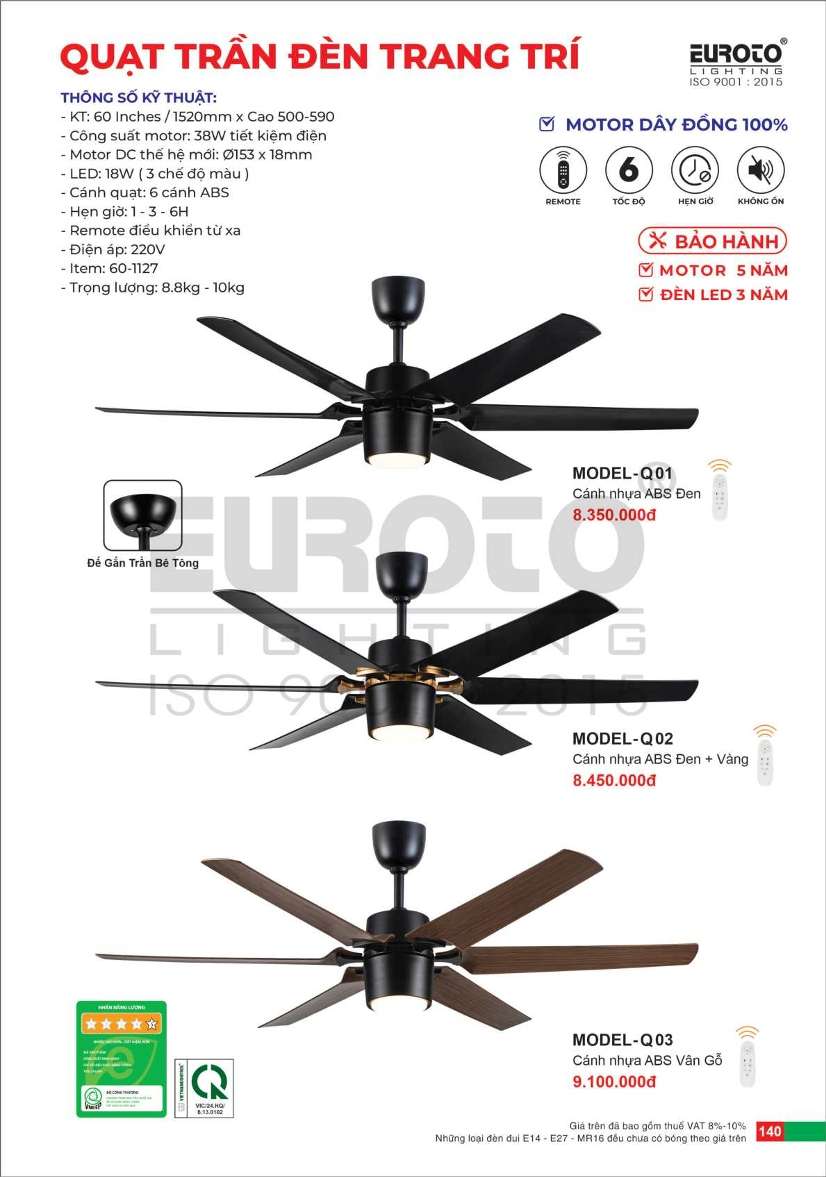 Quạt trần Euroto MODEL-Q01, MODEL-Q02, MODEL-Q03