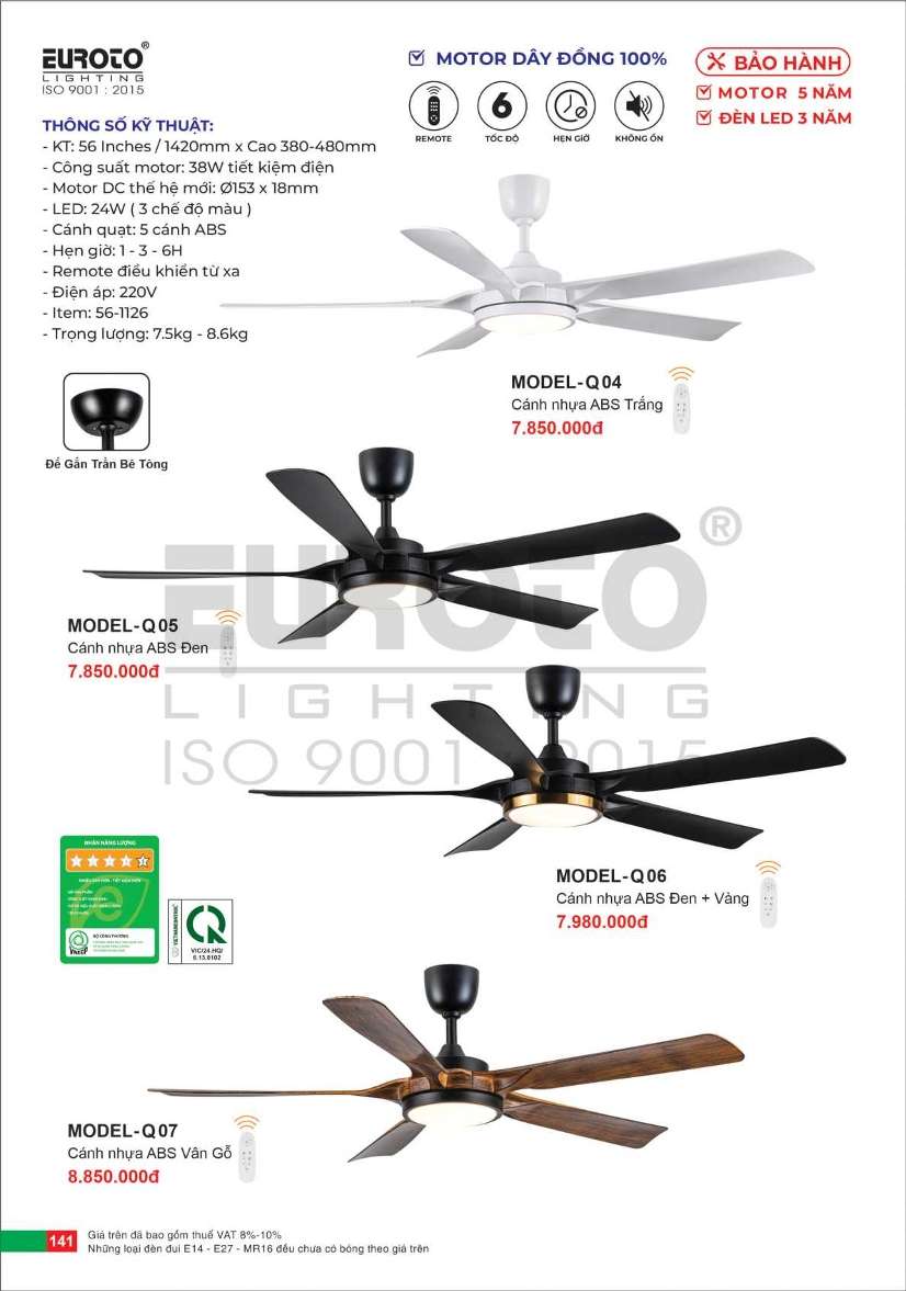 Quạt trần Euroto MODEL-Q04, MODEL-Q05, MODEL-Q06, MODEL-Q07