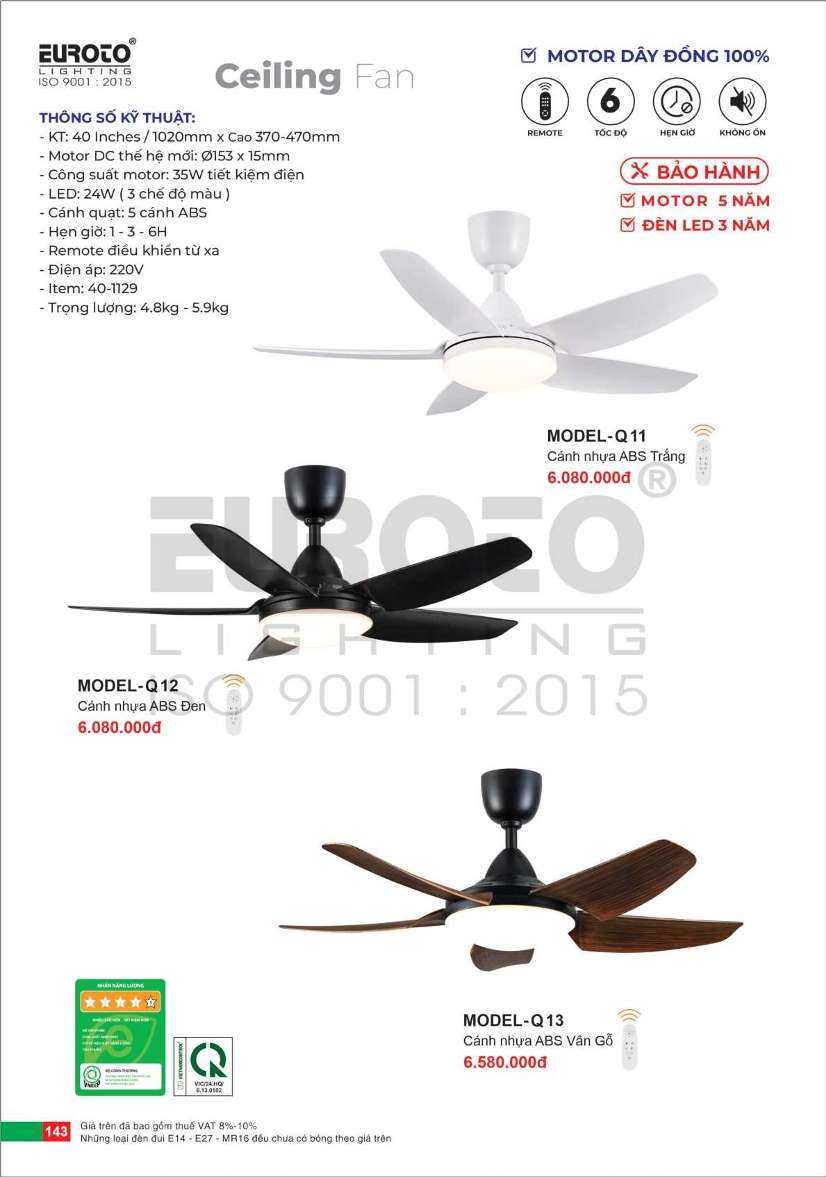 Quạt trần Euroto MODEL-Q11, MODEL-Q12, MODEL-Q13
