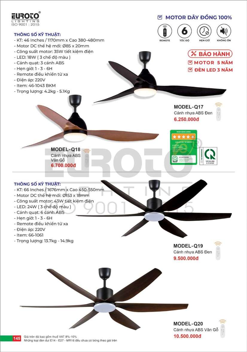 Quạt trần Euroto MODEL-Q17, MODEL-Q18, MODEL-Q19, MODEL-Q20
