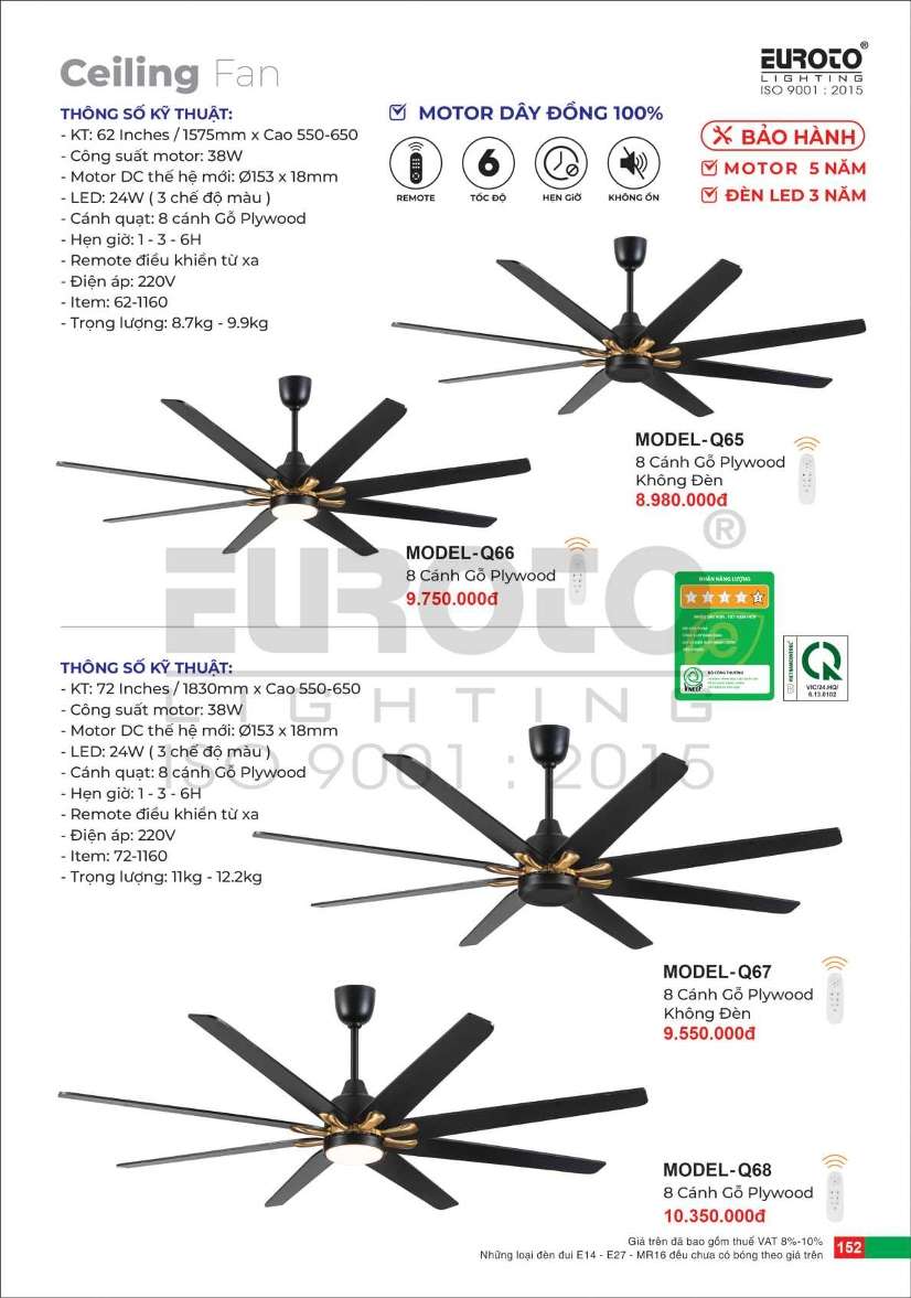 Quạt trần Euroto MODEL-Q65, MODEL-Q66, MODEL-Q67, MODEL-Q68