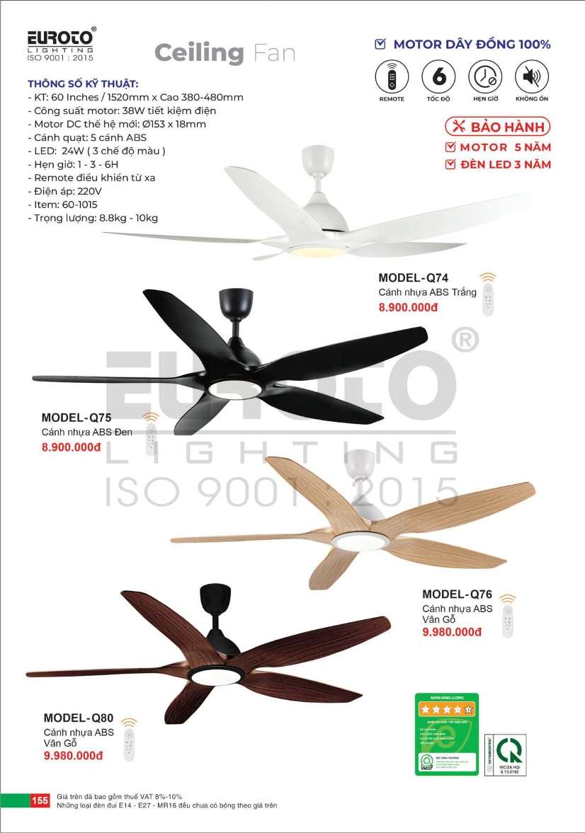 Quạt trần Euroto MODEL-Q74, MODEL-Q75, MODEL-Q76, MODEL-Q80