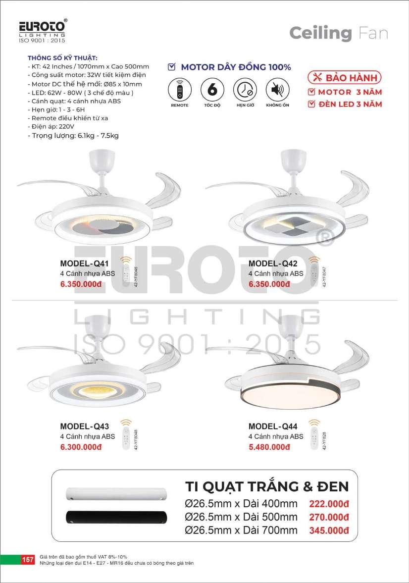 Quạt trần Euroto MODEL-Q41, MODEL-Q42, MODEL-Q43, MODEL-Q44