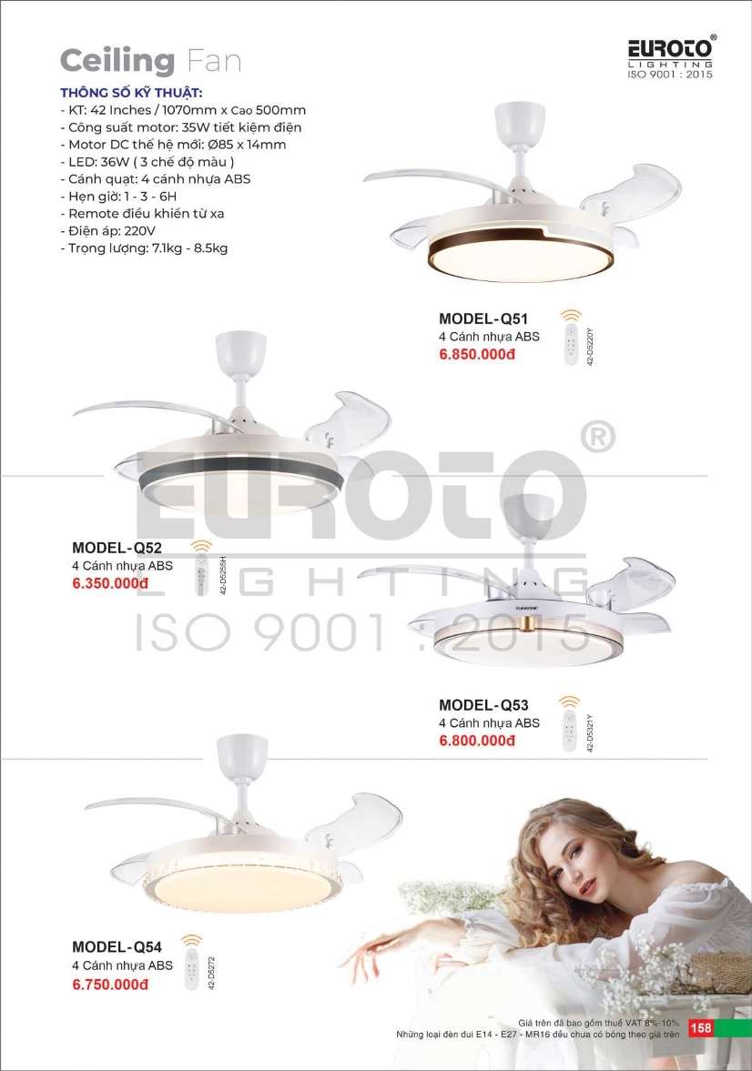 Quạt trần Euroto MODEL-Q51, MODEL-Q52, MODEL-Q53, MODEL-Q54