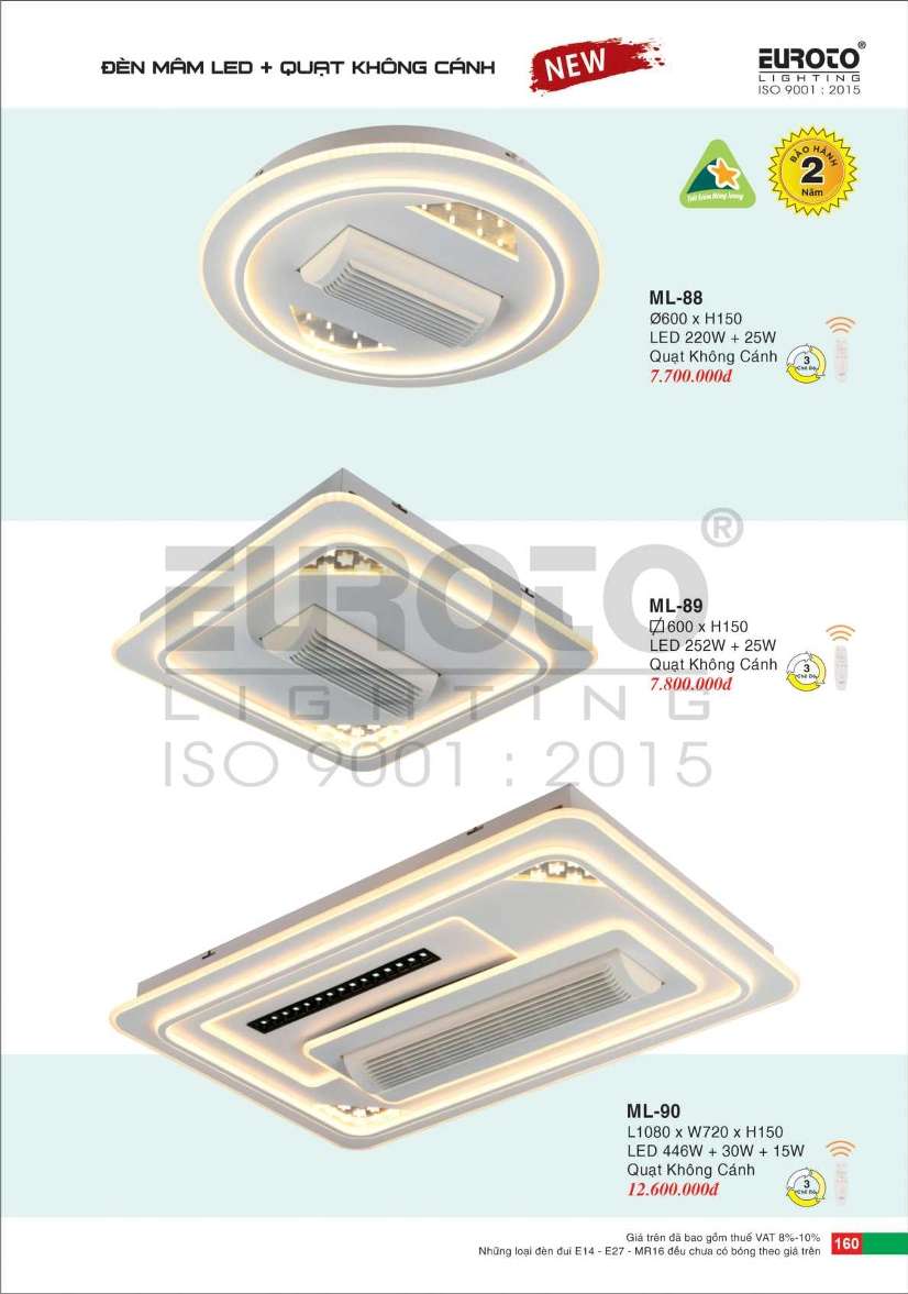 Đèn mâm led + quạt không cánh Euroto ML-88, ML-89, ML-90