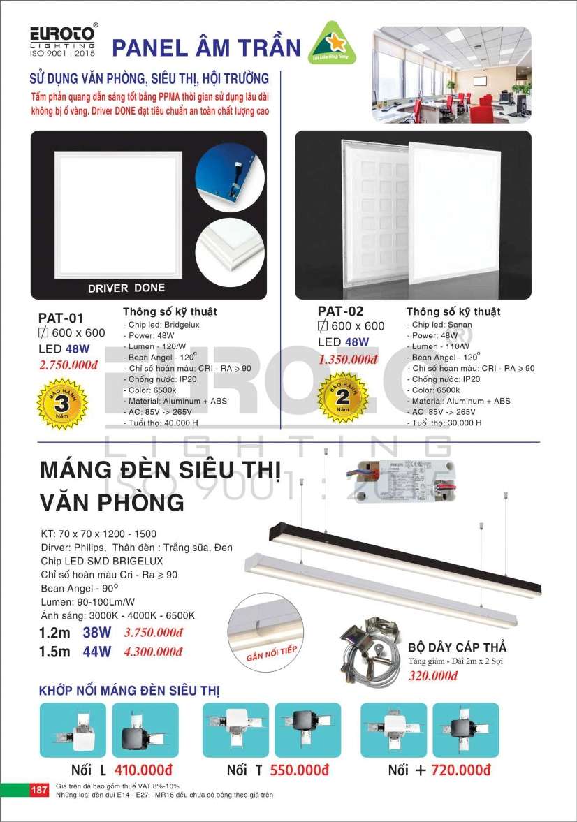 Đèn panel âm trần Euroto sử dụng văn phòng, siêu thị, hội trường PAT-01, PAT-02