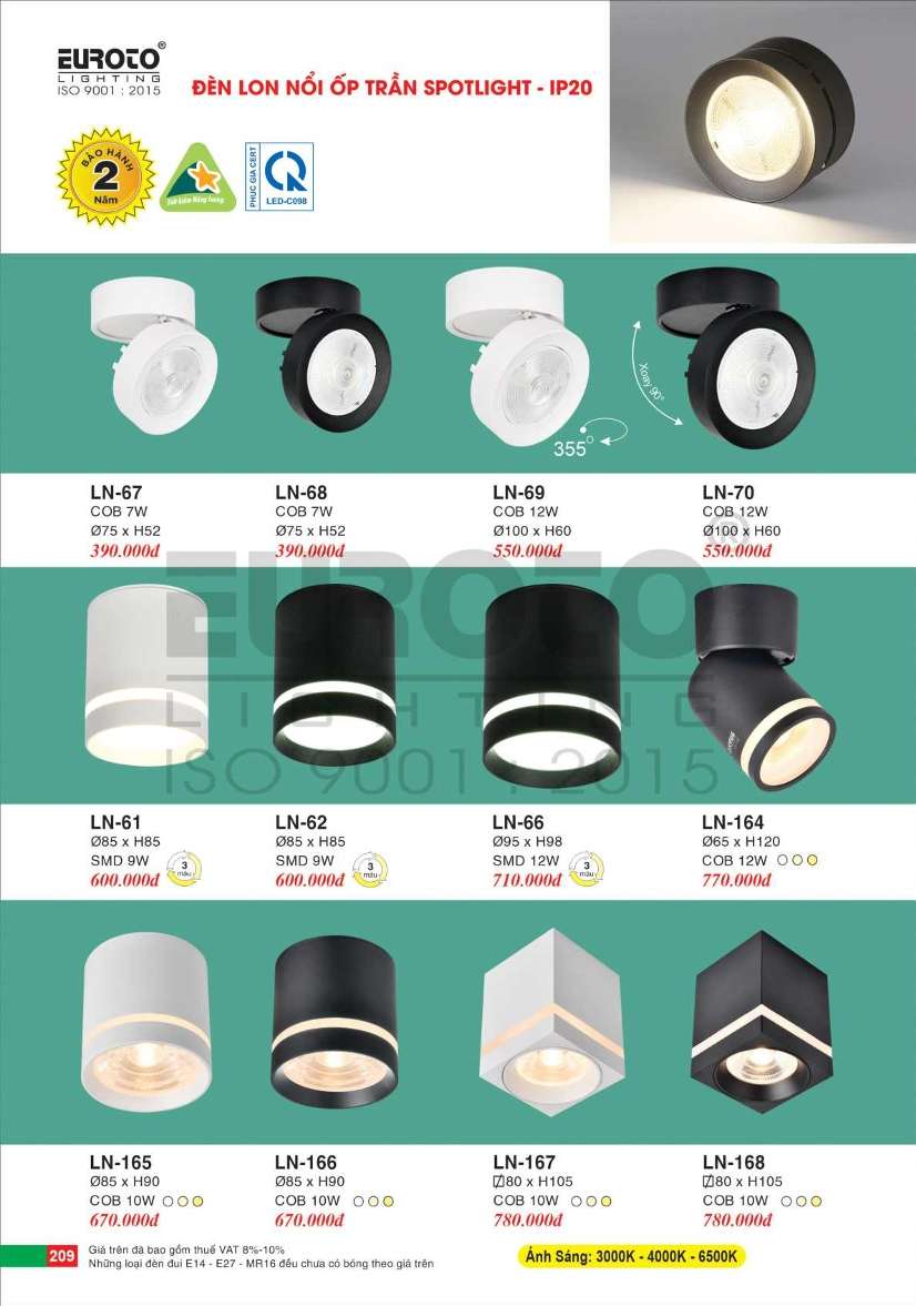 Đèn lon nổi ốp trần Euroto LN-61, LN-62, LN-66, LN-67, LN-68, LN-69, LN-70, LN-164, LN-165, LN-166, LN-167, LN-168