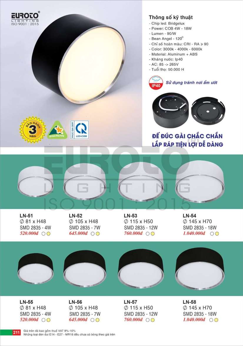 Đèn lon nổi ốp trần Euroto LN-51, LN-52, LN-53, LN-54, LN-55, LN-56, LN-57, LN-58