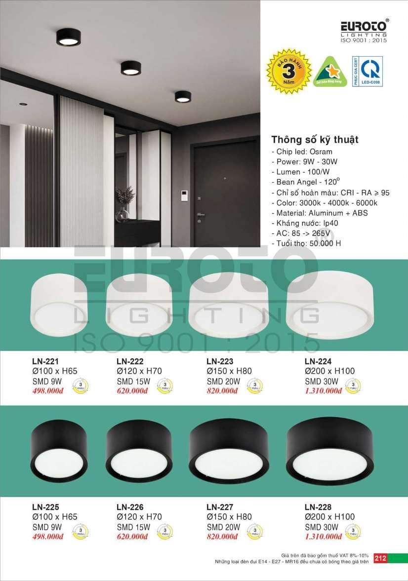 Đèn lon nổi ốp trần Euroto LN-221, LN-222, LN-223, LN-224, LN-225, LN-226, LN-227, LN-228