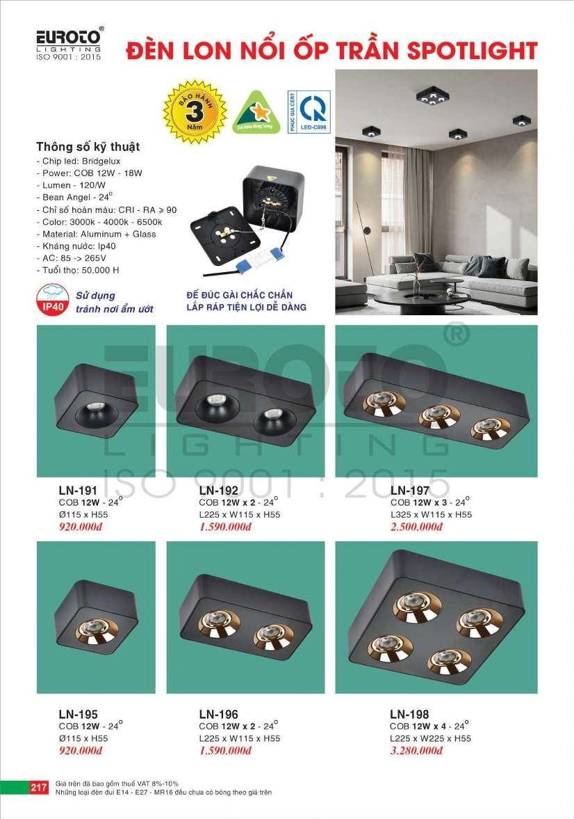 Đèn lon nổi ốp trần spotlight Euroto LN-191, LN-192, LN-195, LN-196, LN-197, LN-198