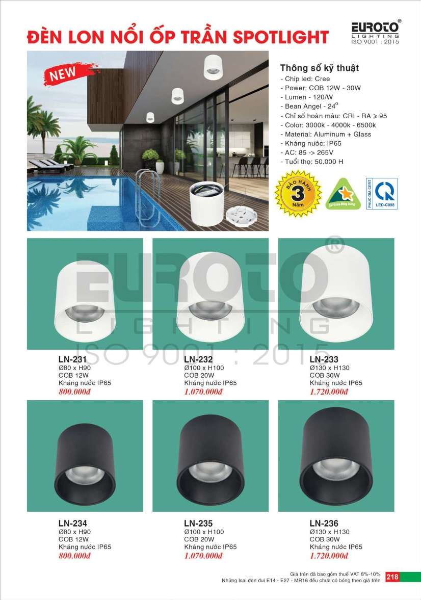 Đèn lon nổi ốp trần spotlight Euroto LN-231, LN-232, LN-233, LN-234, LN-235, LN-236