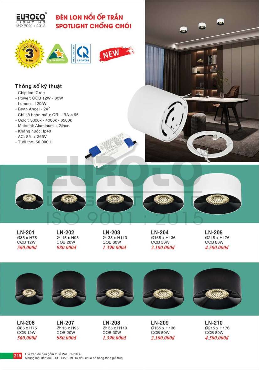 Đèn lon nổi ốp trần spotlight Euroto LN-201, LN-202, LN-203, LN-204, LN-205, LN-206, LN-207, LN-208, LN-209, LN-210