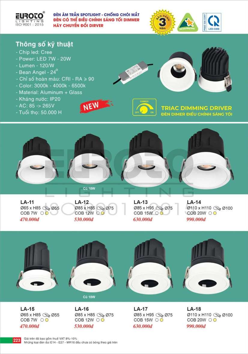 Đèn led âm trần spotlight Euroto LA-11, LA-12, LA-13, LA-14, LA-15, LA-16, LA-17, LA-18