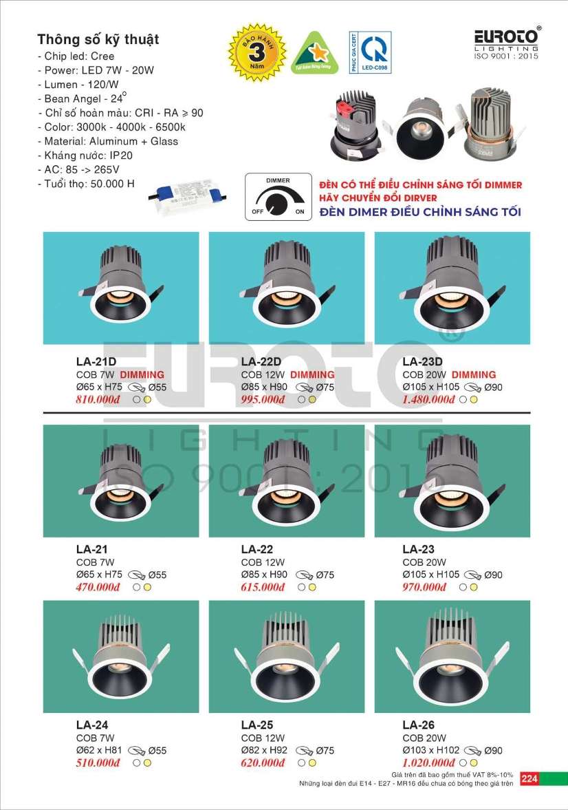 Đèn led âm trần dimer điều chỉnh sáng tối Euroto LA-21D, LA-22D, LA-23D, LA-21, LA-22, LA-23, LA-24, LA-25, LA-26