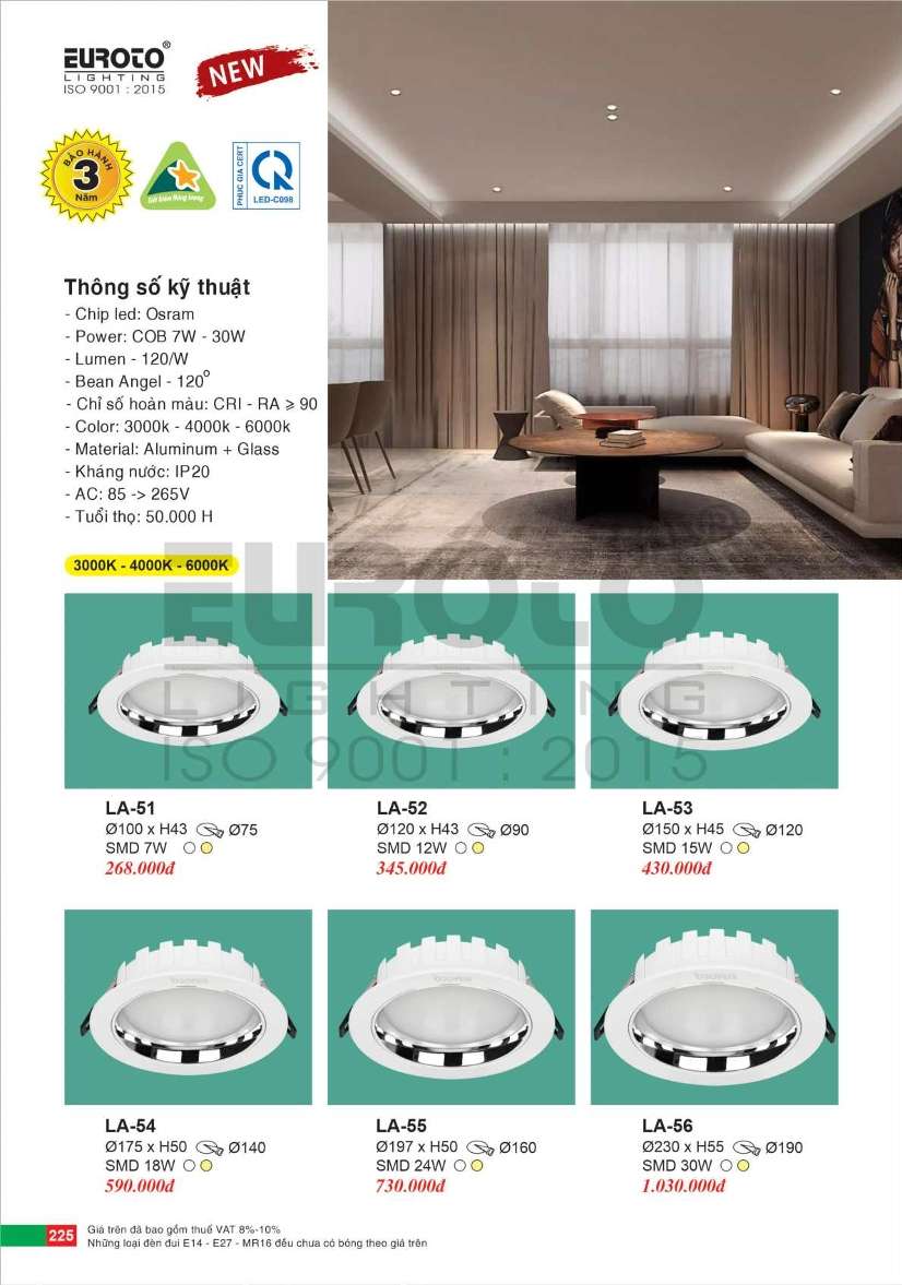 Đèn led âm trần Euroto LA-51, LA-52, LA-53, LA-54, LA-55, LA-56