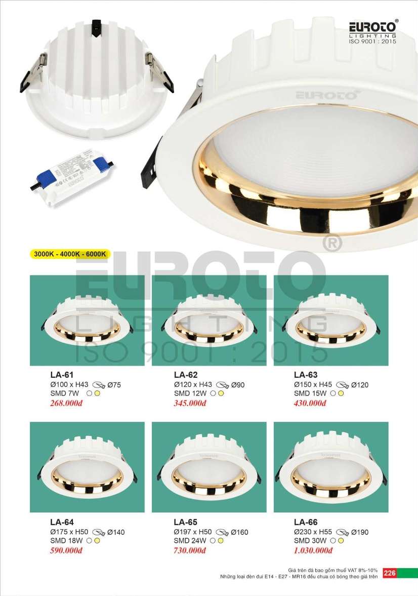Đèn led âm trần Euroto LA-61, LA-62, LA-63, LA-64, LA-65, LA-66
