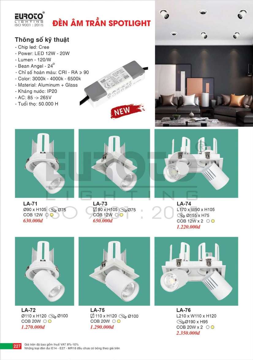 Đèn led âm trần spotlight Euroto LA-71, LA-72, LA-73, LA-74, LA-75, LA-76