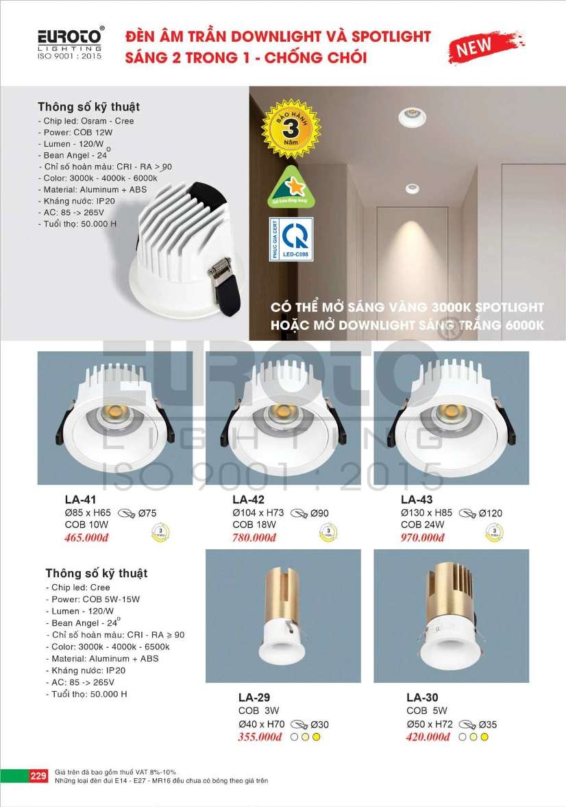 Đèn led âm trần spotlight Euroto LA-29, LA-30, LA-41, LA-42, LA-43