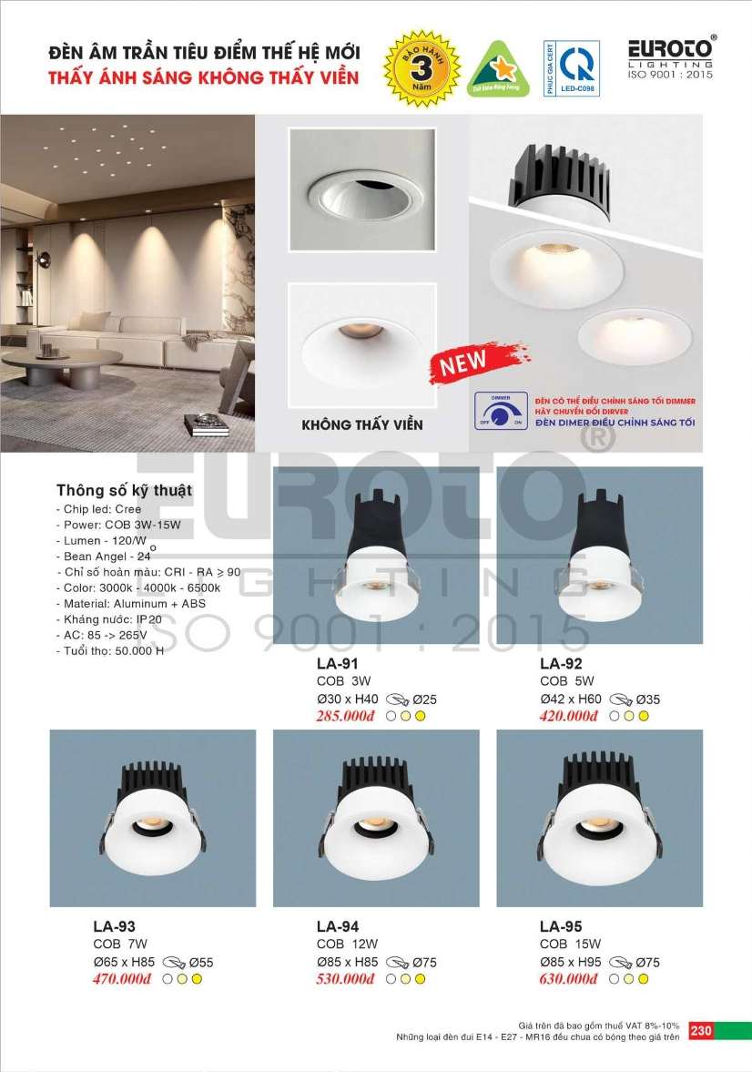 Đèn led âm trần spotlight Euroto LA-91, LA-92, LA-93, LA-94, LA-95