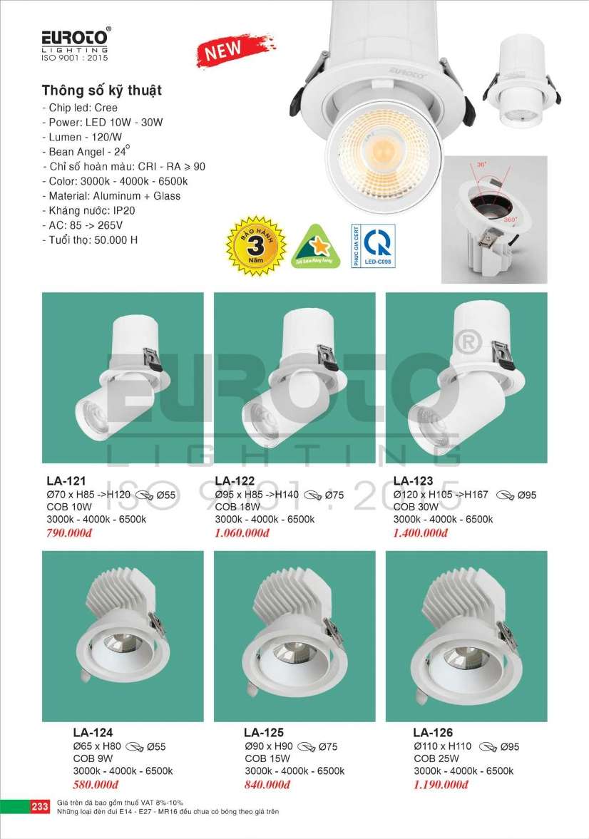 Đèn led âm trần Euroto LA-121, LA-122, LA-123, LA-124, LA-125, LA-126