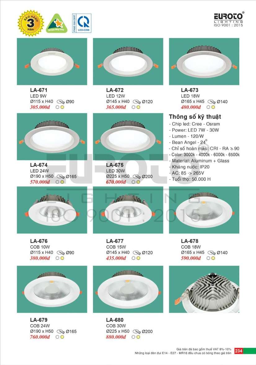 Đèn led âm trần Euroto LA-671, LA-672, LA-673, LA-674, LA-675, LA-676, LA-677, LA-678, LA-679, LA-680