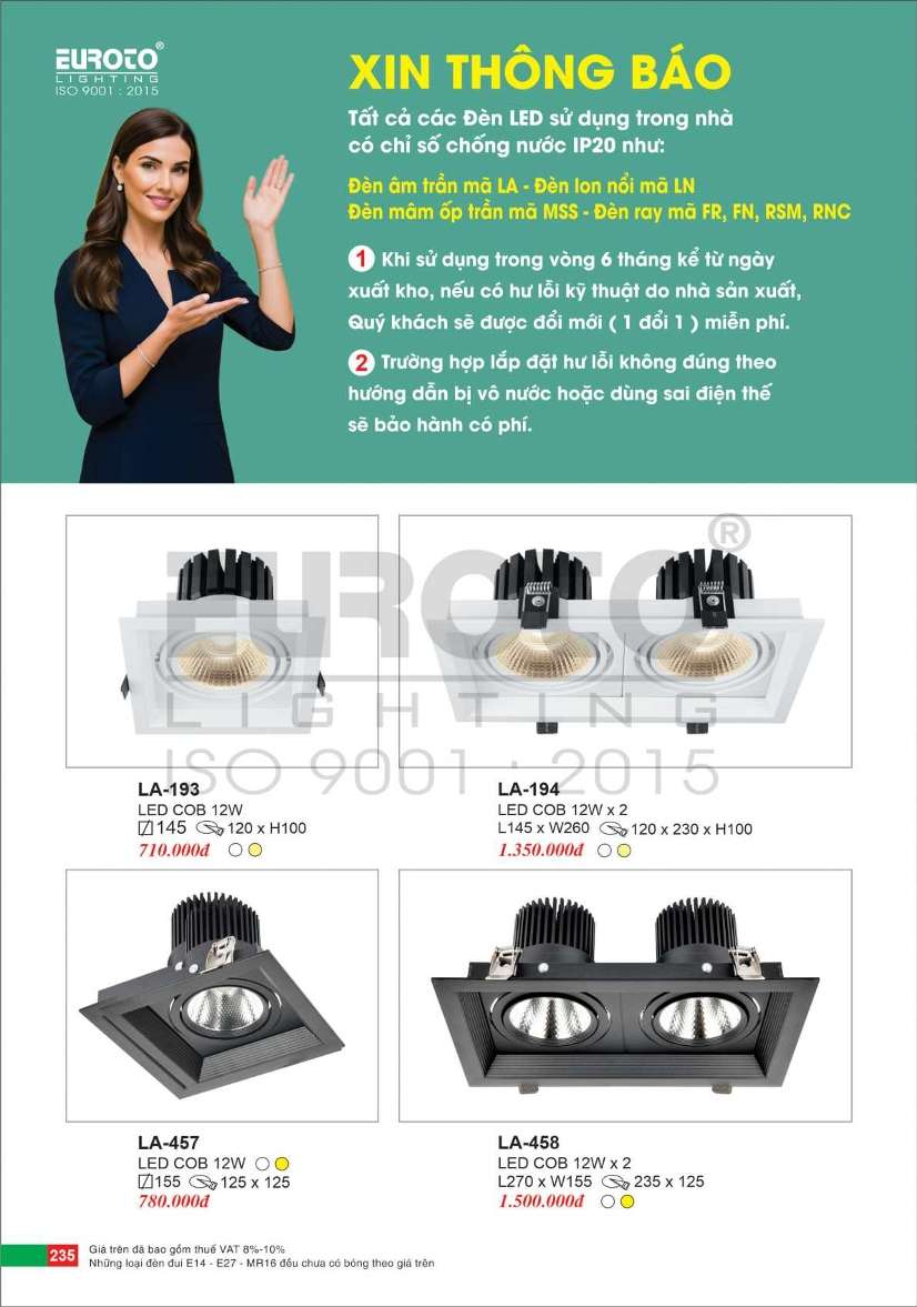 Đèn led âm trần Euroto LA-193, LA-194, LA-457, LA-458