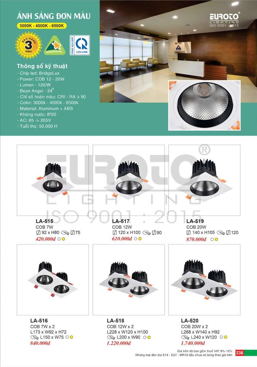 Đèn led âm trần Euroto LA-515, LA-516, LA-517, LA-518, LA-519, LA-520