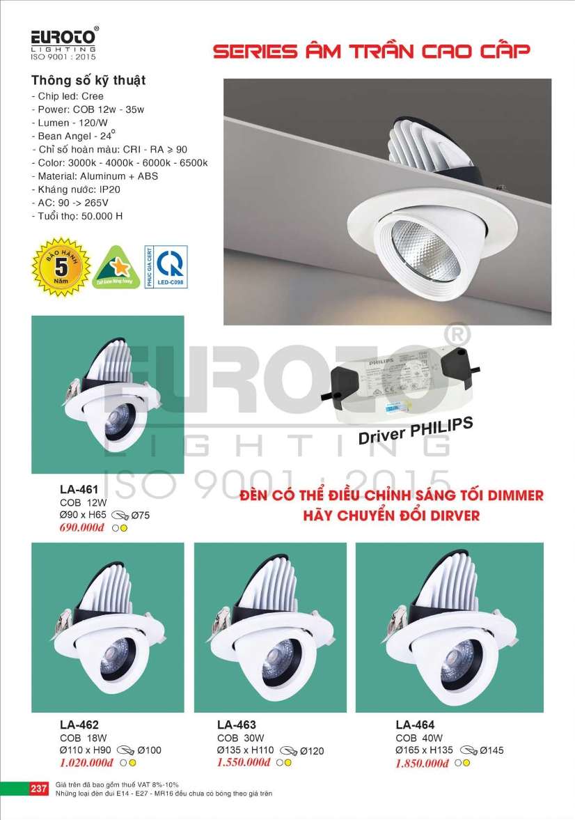 Đèn led âm trần Euroto LA-461, LA-462, LA-463, LA-464
