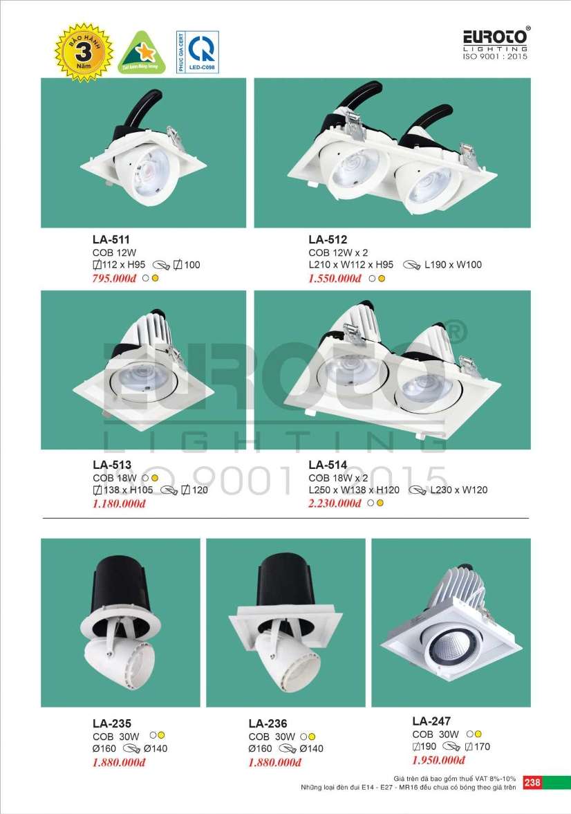 Đèn led âm trần Euroto LA-511, LA-512, LA-513, LA-514, LA-235, LA-236, LA-247