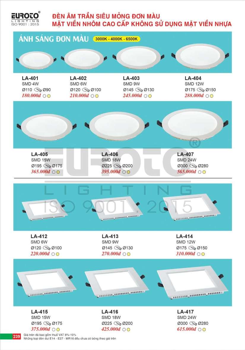 Đèn led âm trần Euroto LA-401, LA-402, LA-403, LA-404, LA-405, LA-406, LA-407, LA-412, LA-413, LA-414, LA-415, LA-416, LA-417