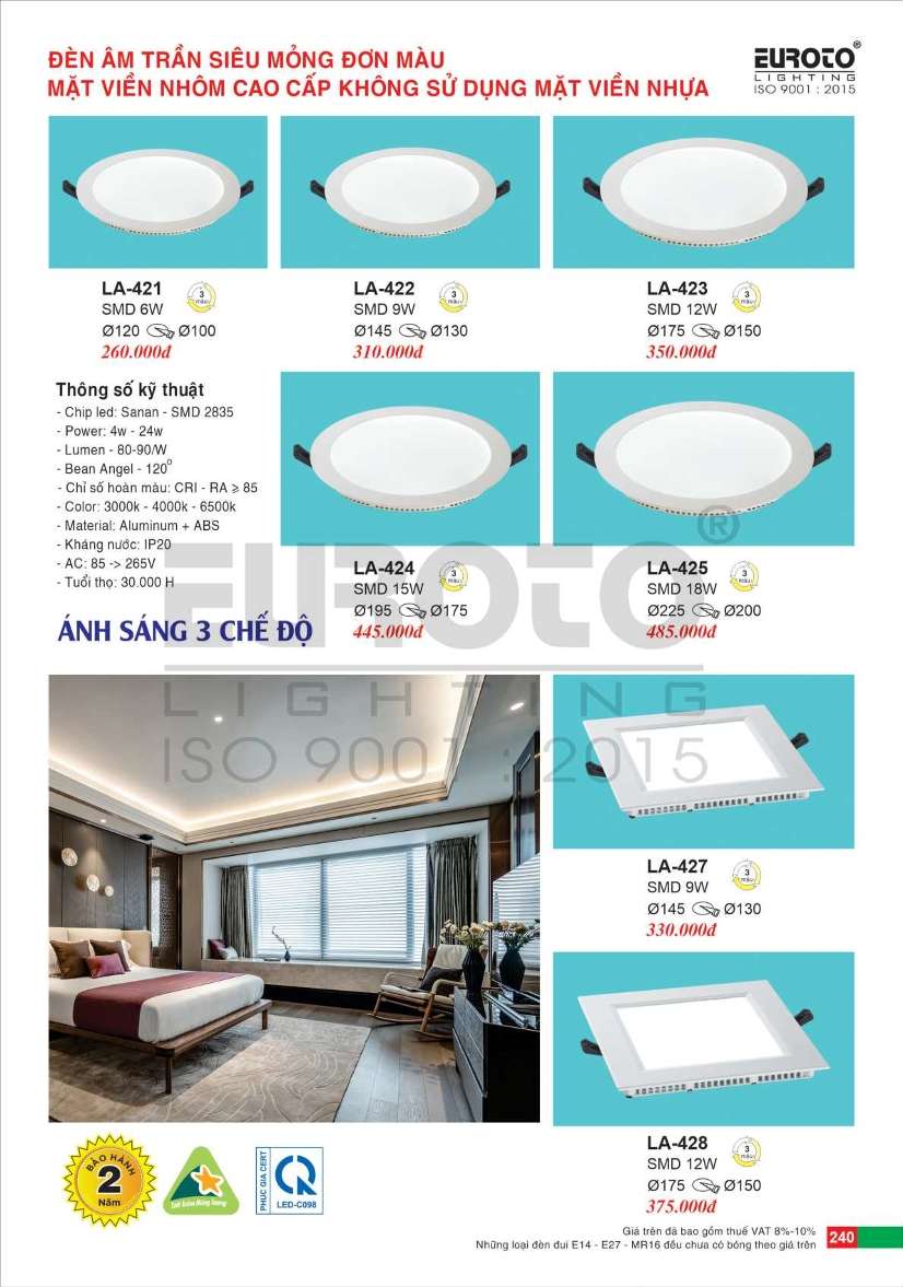 Đèn led âm trần Euroto LA-421, LA-422, LA-423, LA-424, LA-425, LA-427, LA-428