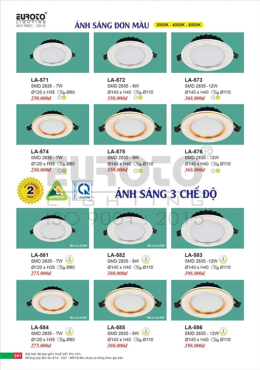 Đèn led âm trần Euroto LA-571, LA-572, LA-573, LA-574, LA-575, LA-576, LA-581, LA-582, LA-583, LA-584, LA-585, LA-586