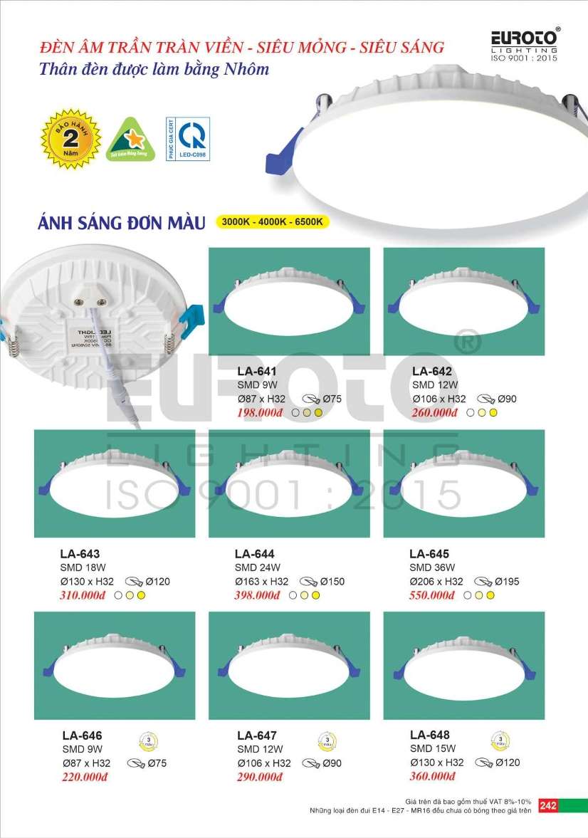 Đèn led âm trần tràn viền Euroto LA-641, LA-642, LA-643, LA-644, LA-645, LA-646, LA-647, LA-648