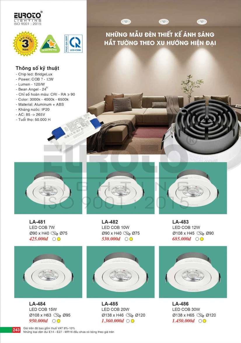 Đèn led âm trần Euroto LA-481, LA-482, LA-483, LA-484, LA-485, LA-486