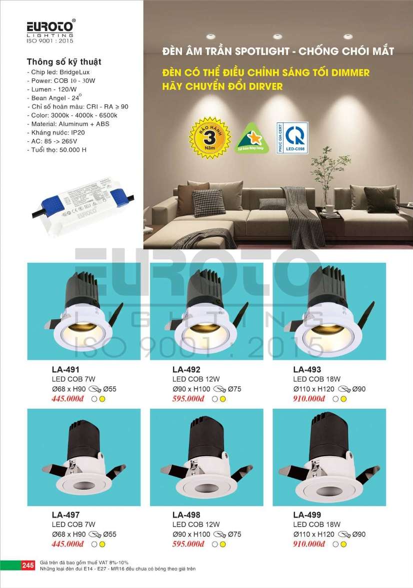 Đèn led âm trần spotlight Euroto LA-491, LA-492, LA-493, LA-497, LA-498, LA-499